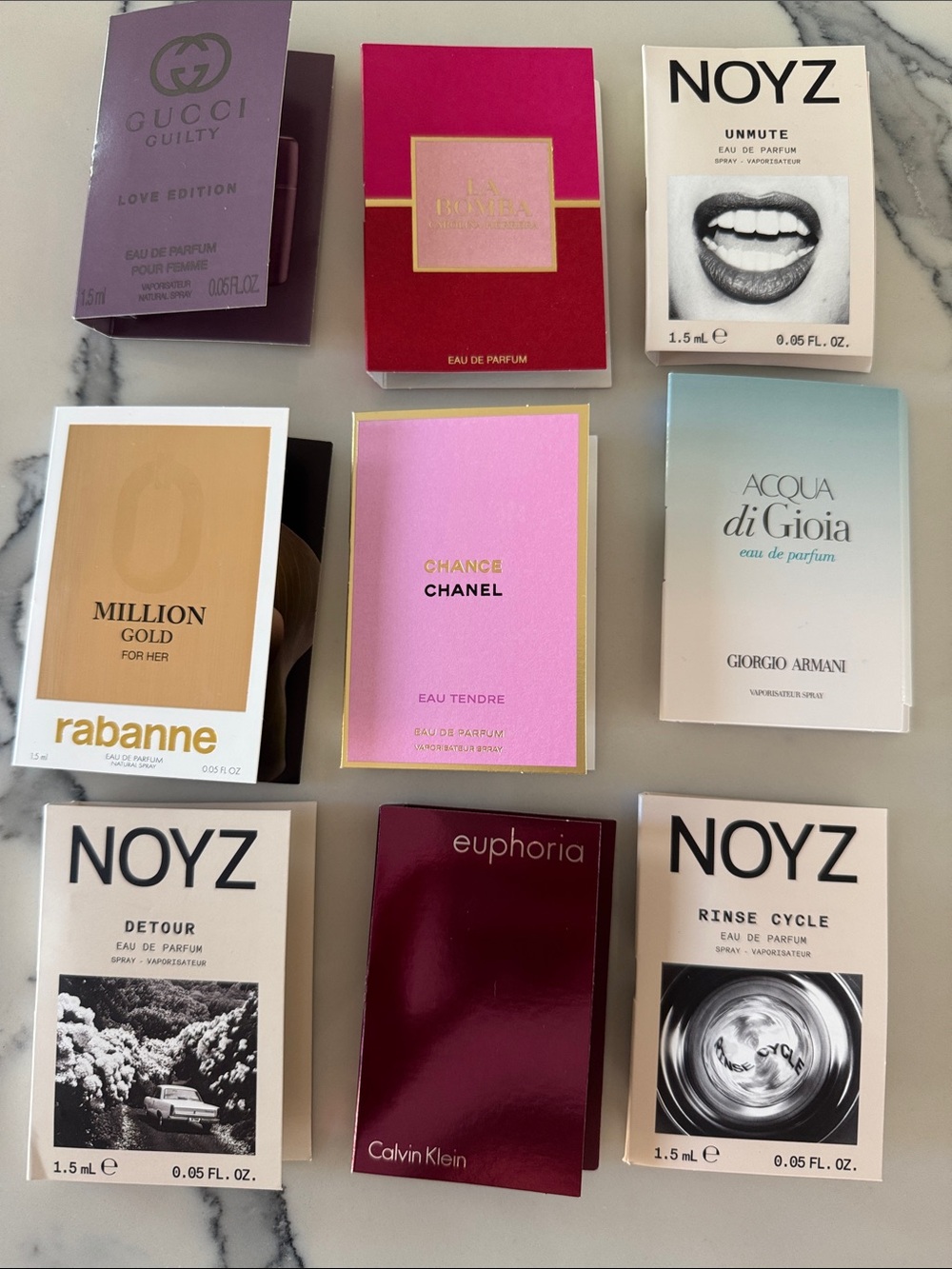 Channel Gucci Carolina Herrera Rabanne Calvin Klein Armani beauty sampler